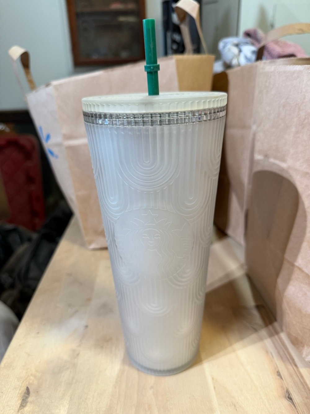 Starbucks Frosted White Tumbler with Green Straw and Silver Trim